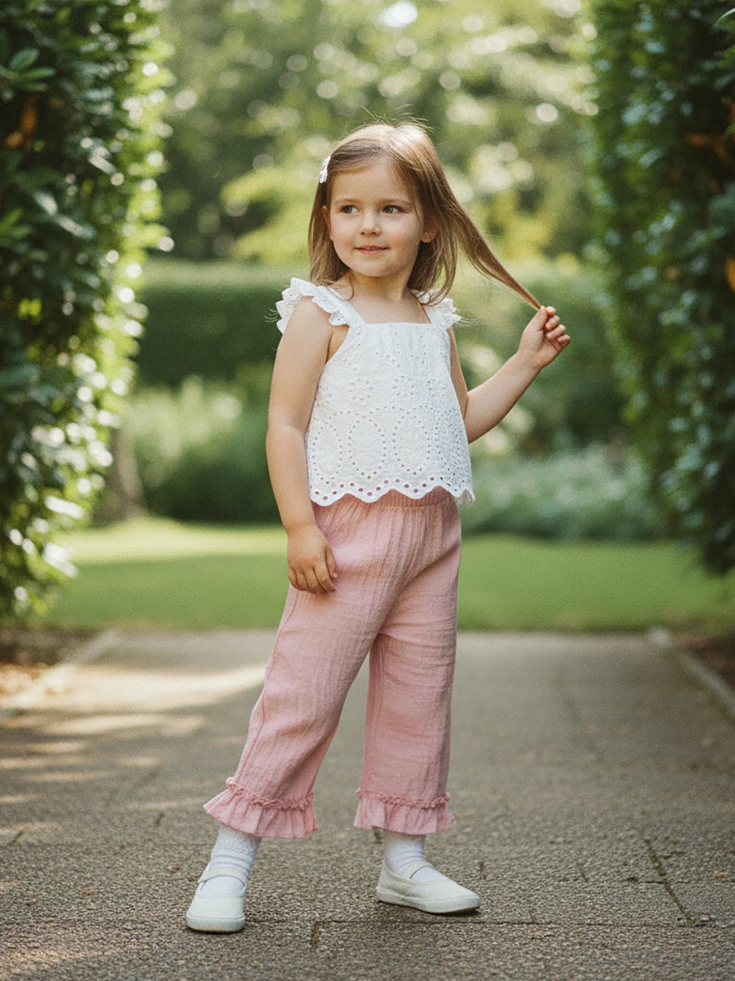 Girls Spring Outfit Set - Lace Ruffle Sleeveless Top & Wide Leg Pants (2-7Y)