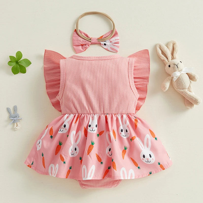 0-18M  Baby Girls Rompers Dress Easter Rabbit Carrot Print Ruffles Fly Sleeve Print Skirt Hem Jumpsuits Headband