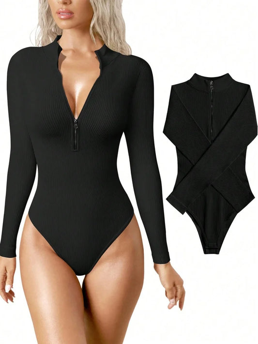 Women's Ribbed One Piece Zip Front Long Sleeve Top Bodysuit