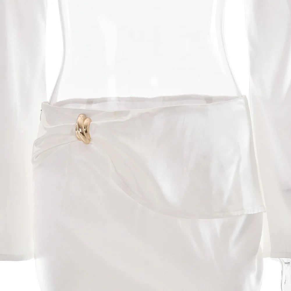 Women's Satin Long Sleeve 2 Piece Set - Deep V Neck Cropped Top & Matching Bottom