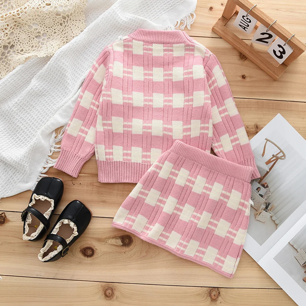 Girl's Colour Blocked Sweater Set Girls Long Sleeved Top and elastic Short Skirt 2-piece Set