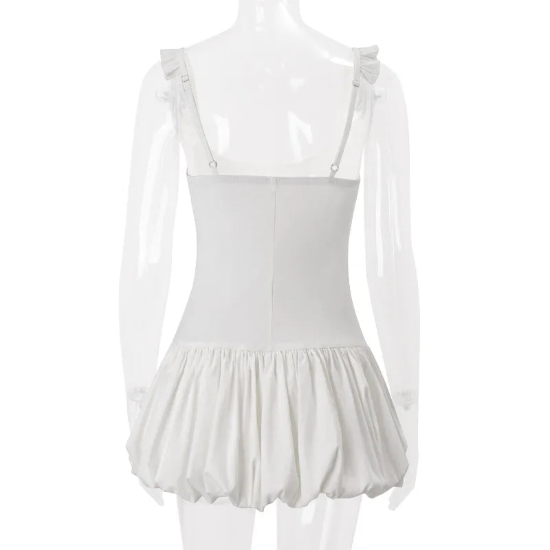 Women's White A-Line Mini Ball Gown - Backless Pleated Summer Party Dress