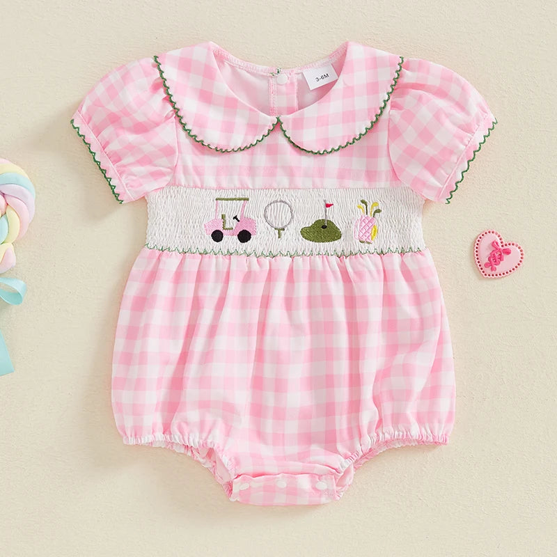 Baby Girls Summer Plaid Romper with Golf Embroidery - Doll Collar Jumpsuit (0-18M)