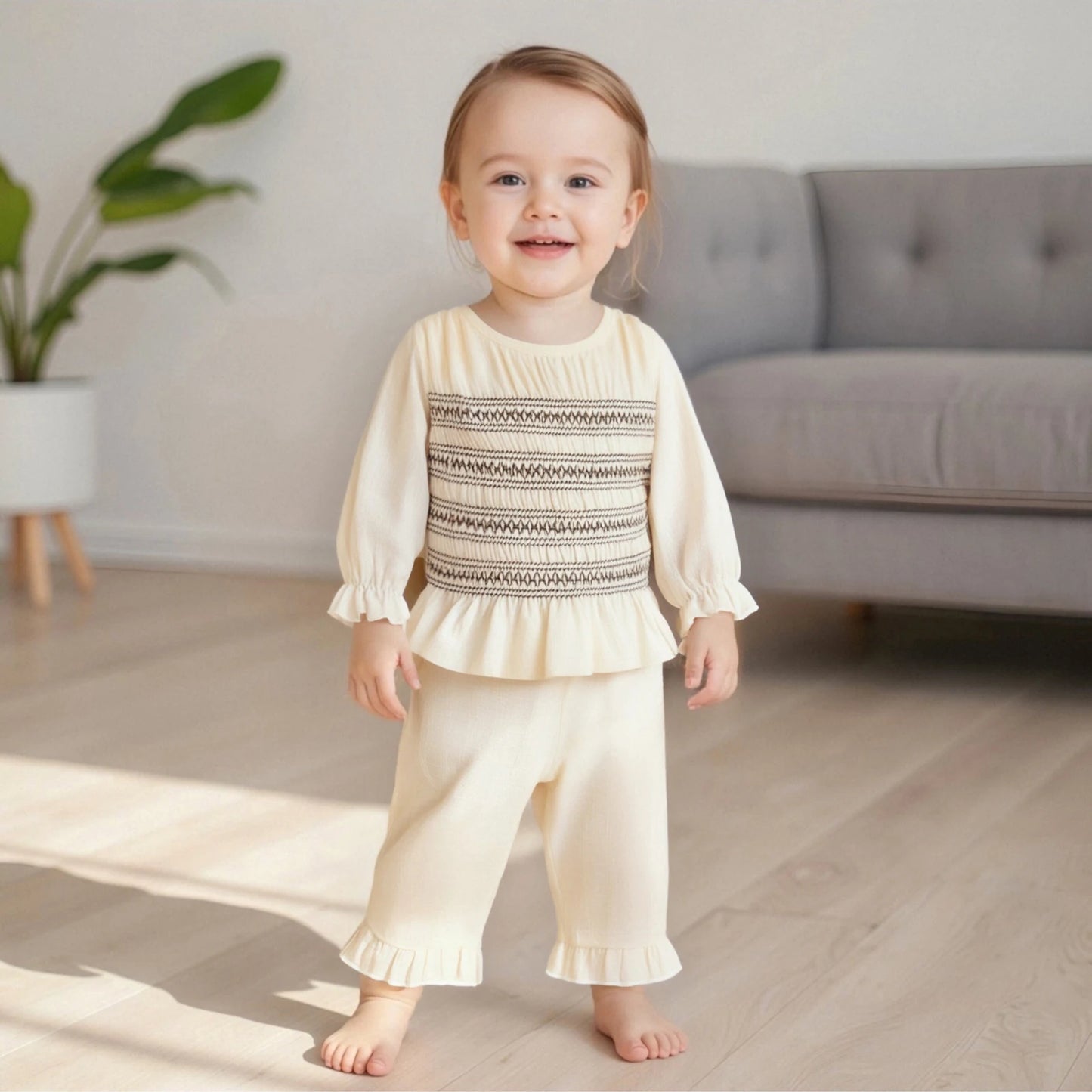 Toddler Baby Girl Fall Outfit - Smocked Long Sleeve Top & Elastic Waist Ruffle Pants Set