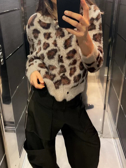 Women's Leopard Print Knit Sweater Cardigan Round Neck Jacquard Long Sleeve Knitted Jacket