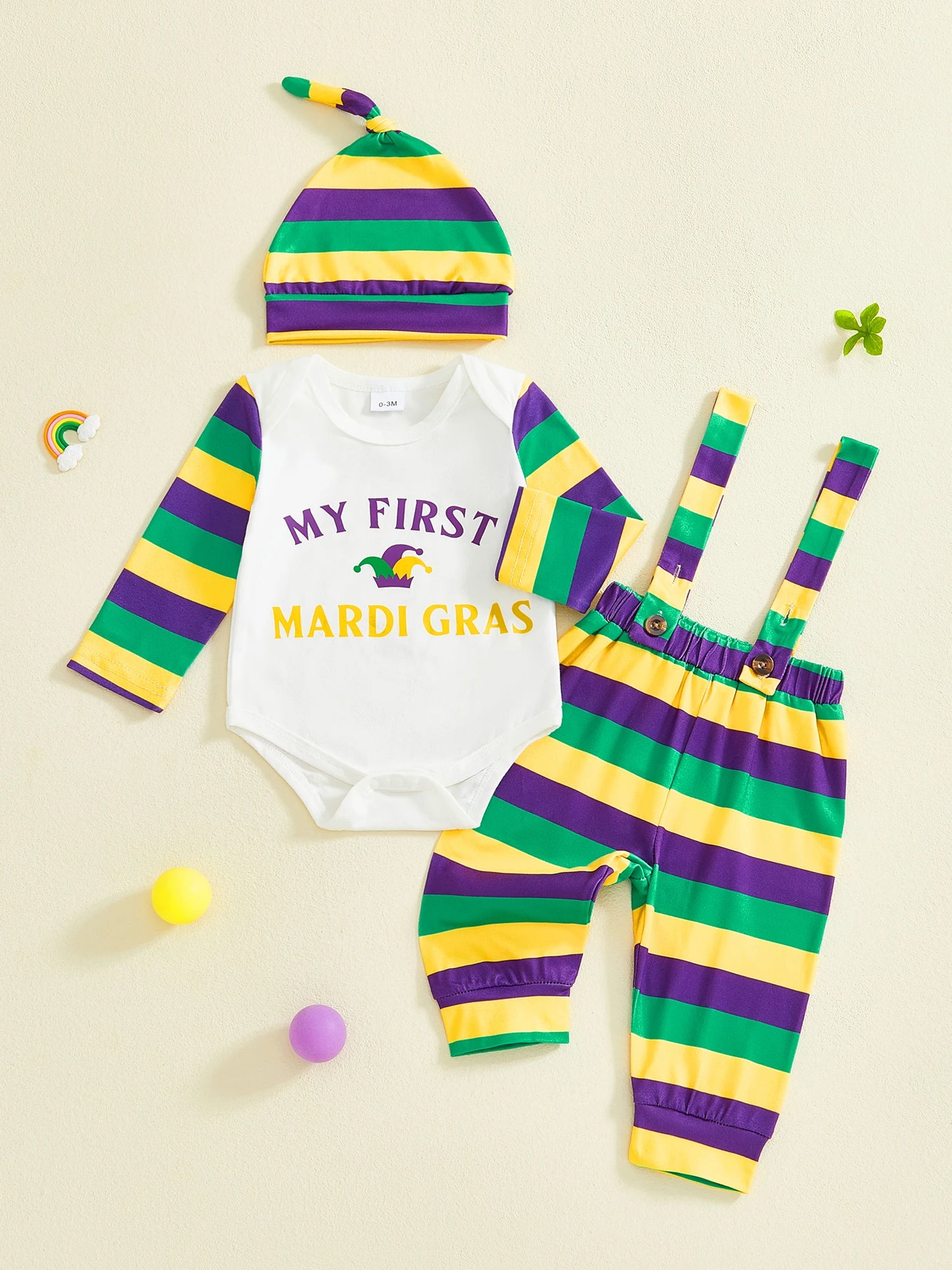 Newborn Baby Boys Outfit Set - Letter Print Striped Romper with Suspender Pants & Cap 0-12M