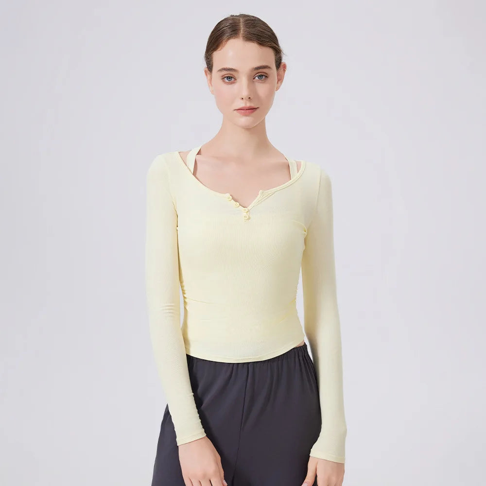 Women's Long Sleeve V-Neck Yoga Shirt - Slim Fit Breathable Workout Top