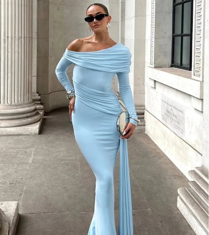 Women's Elegant Asymmetrical Ruched Maxi Dress - Long Sleeve Bodycon Gown