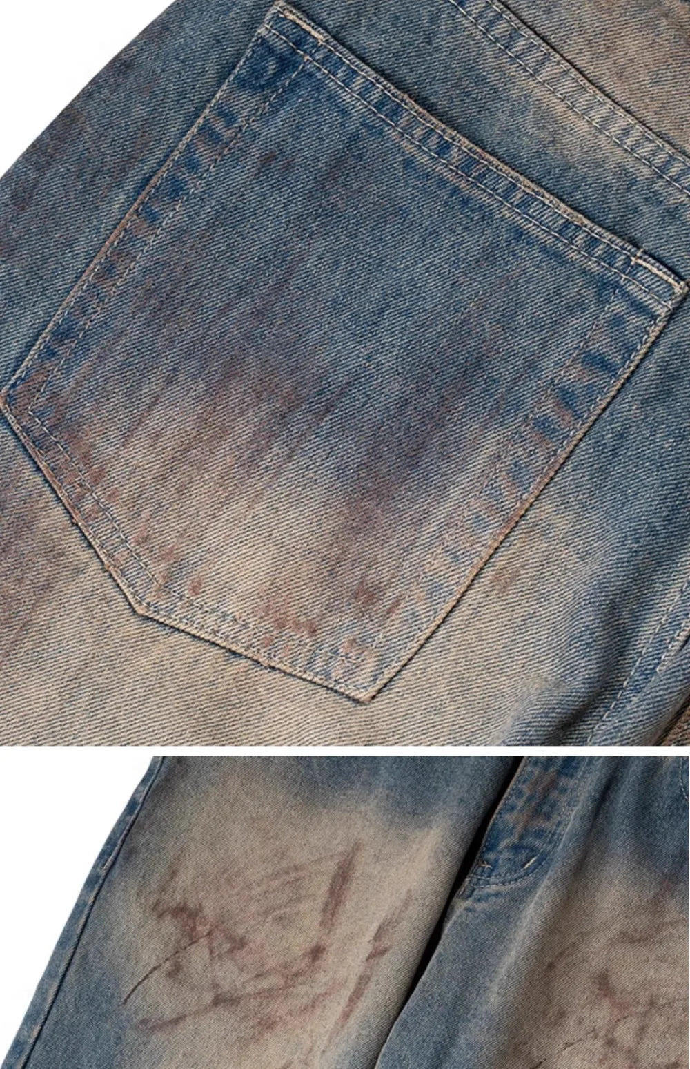 Men's Washed Stained Sprayed Distressed Dirty Frayed Loose Denim Jeans