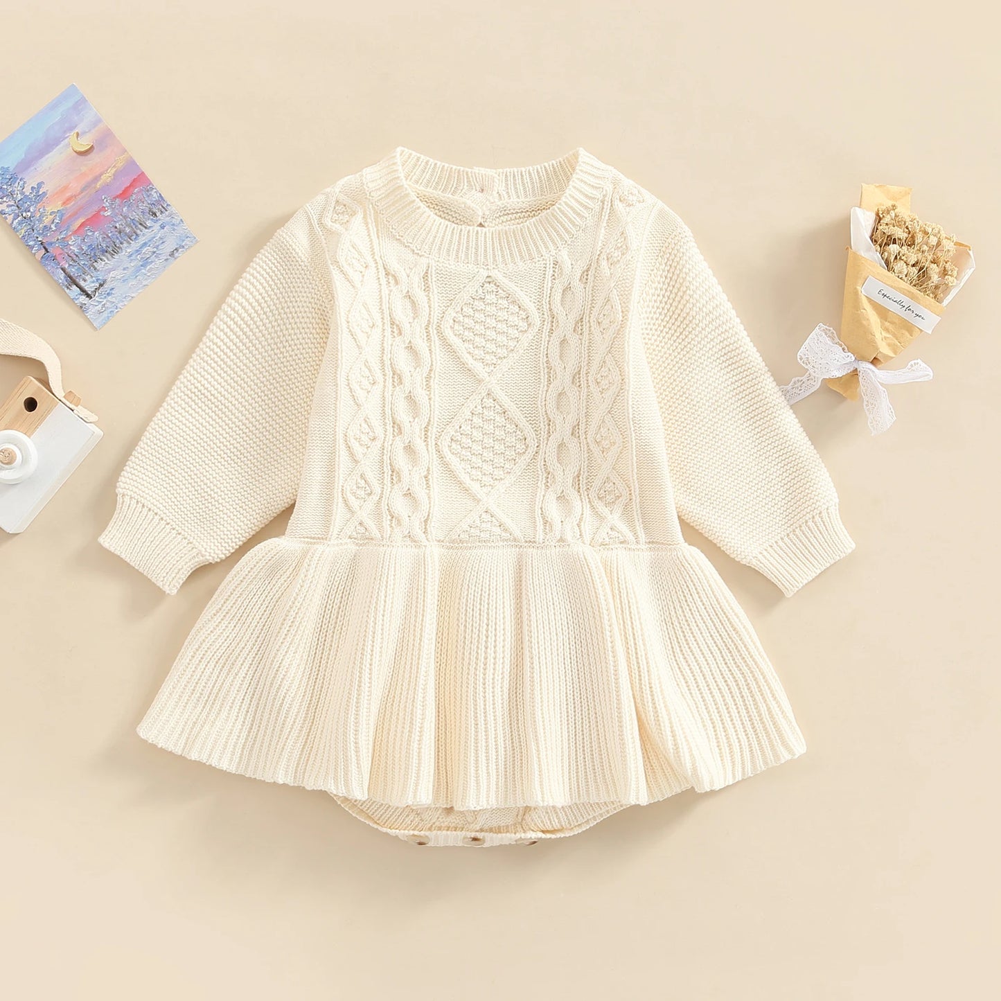 Girls 0-24M Knitted Sweater Romper Dress - Long Sleeve Solid Button Jumpsuit