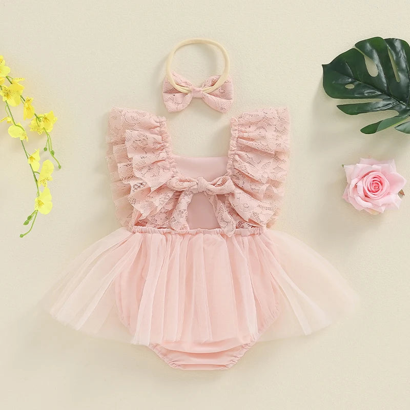 Baby Girls Summer Romper Dress with Lace & Ruffles - Floral Jumpsuit & Headband (0-18M)