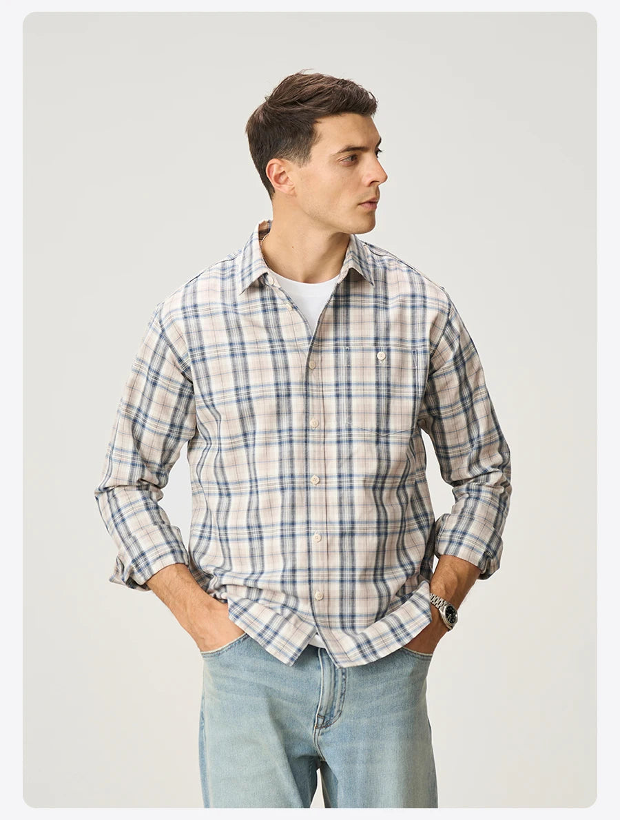 Men's  Premium Cotton Linen Plaid Shirt - 180gsm Oversize Casual