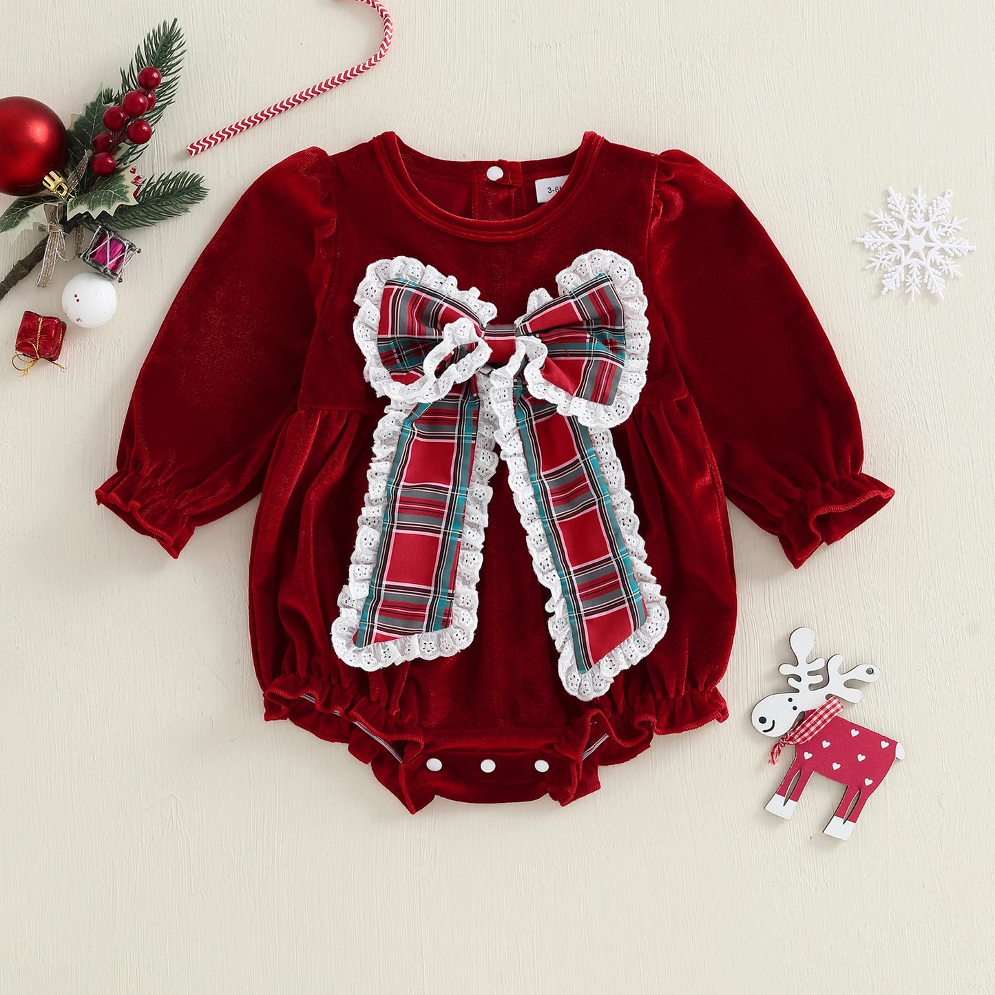Lovely Baby Velvet Christmas Romper with Plaid Bow (0-18M)