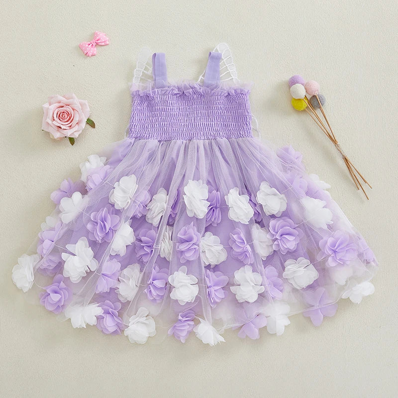 0-4Y Kids Girls Sleeveless Strap 3D Roses Lace Tulle Layered Dress with Wings