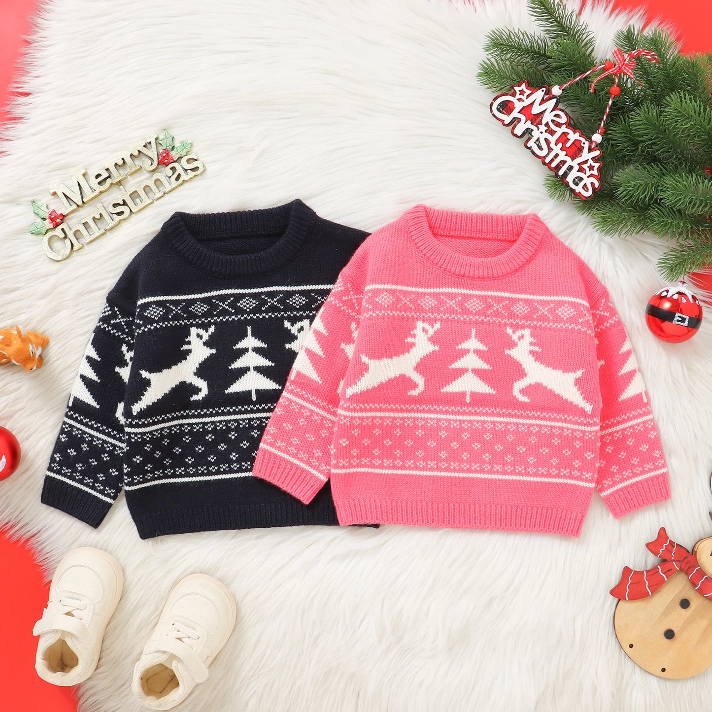 Christmas Baby Sweater - Santa & Reindeer Design (0-3Y)