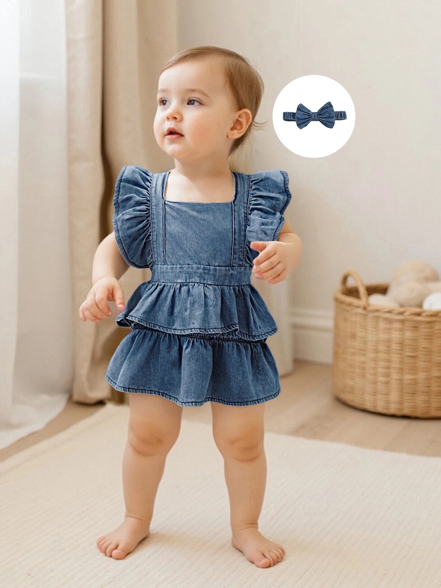 Baby Girls Denim Romper Dress Set - Ruffles Fly Sleeve Layered Jumpsuit with Bowknot Hairband
