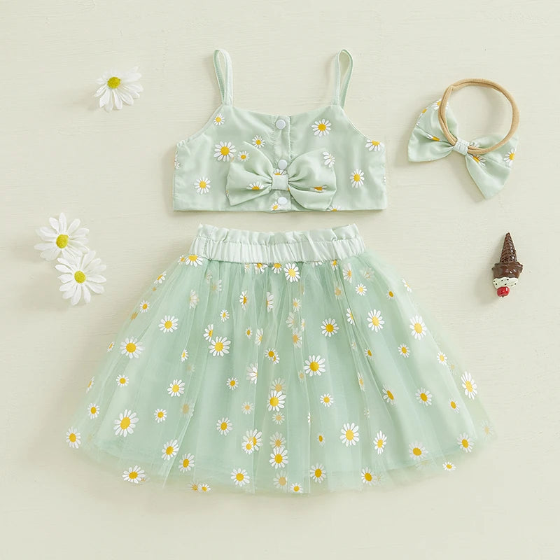 0-3Y Toddler Baby Girls Summer Clothes Sets Sunflowers Print Spaghetti Strap Top and Tulle Skirt Bow Headband