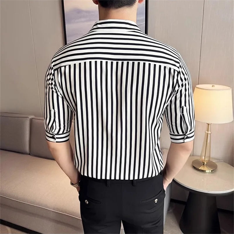 Men's Summer Half Sleeve Casual Slim Fit Striped Turn Down Collar Shirt