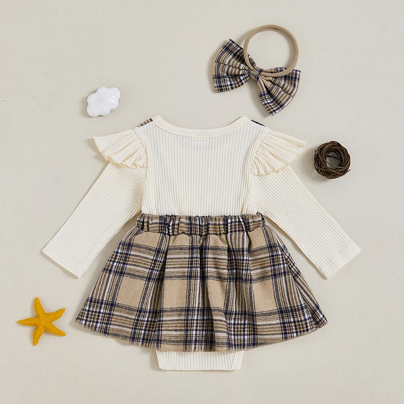 0-18M  Baby Girls  Romper Dress Long Sleeve Round Neck Plaid Print Patchwork Bow Jumpsuits with Headband