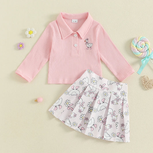 Baby Girls Animal Embroidery Outfit Set - Long Sleeve Top & Floral Print Skirt (0-4Y)