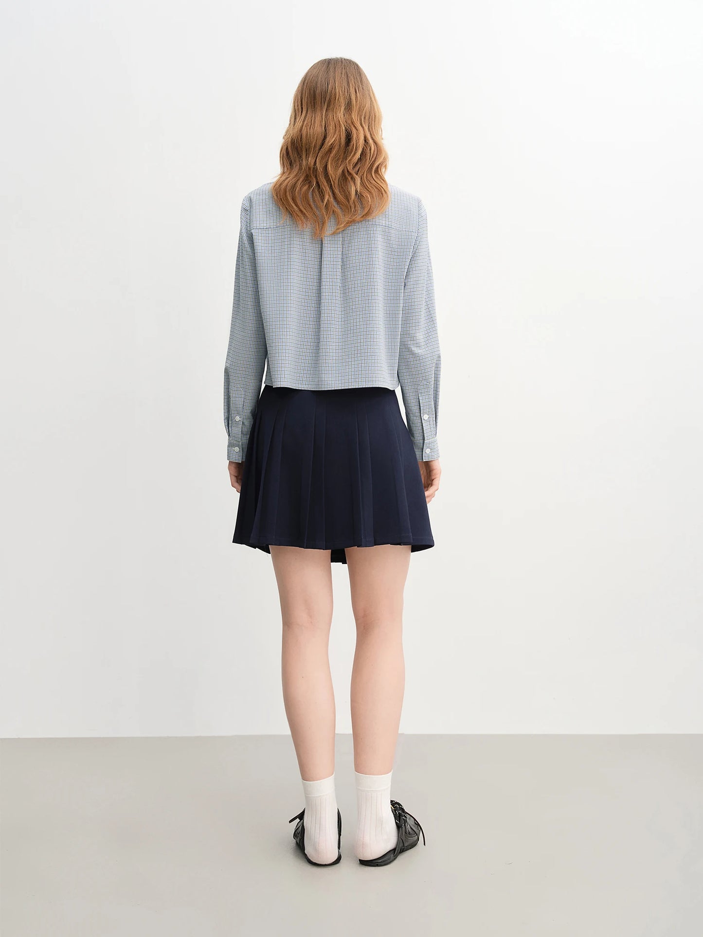 Blue Plaid Shirt & Navy Skirt Set - Long Sleeve Two-Piece