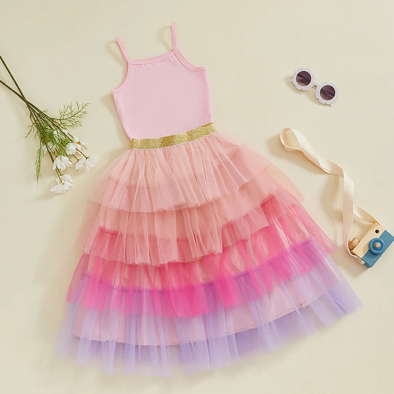 2-7Y  Kids Girls Summer Clothes Sets Sleeveless Camisole with Rainbow Lace Tulle Skirt
