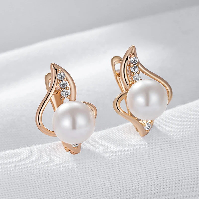 Women's Unique Geometric Natural Zircon 585 Rose Gold Colour Pearl English Earrings