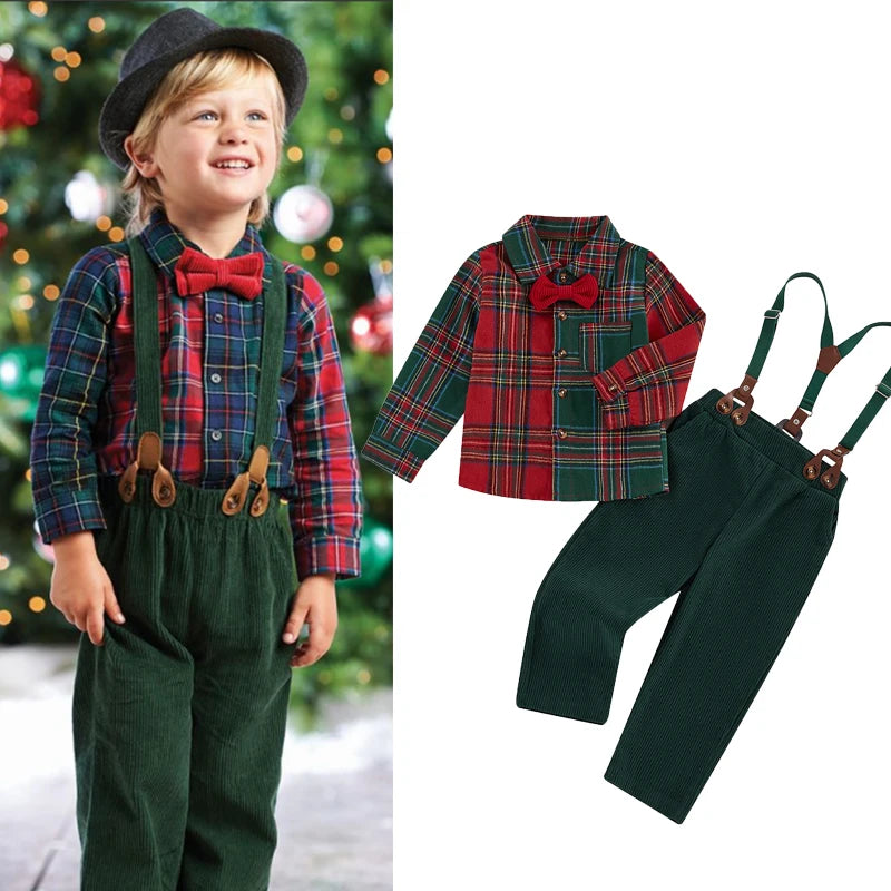 1-7Y Toddler Kids Boys Gentleman Clothes Sets Christmas Plaid Print Button Long Sleeves Shirt and Suspender Pants