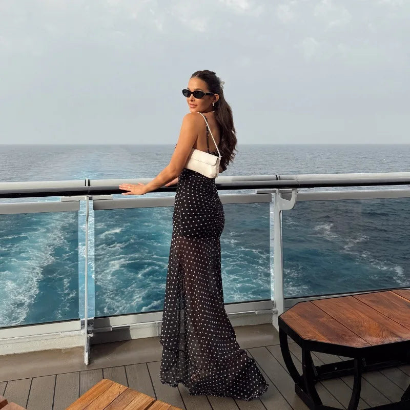 Women's Summer Boho Polka Dot Split Dress - V-Neck Backless Holiday Dress