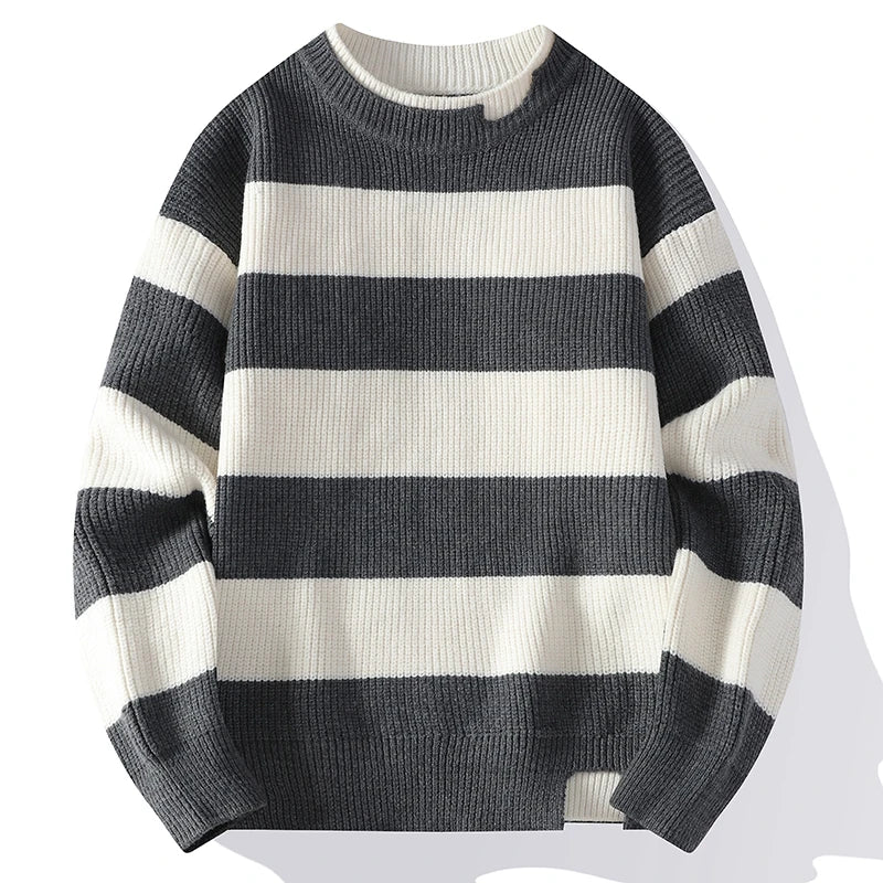 Men's Round Neck Knit Pullover Striped Sweater