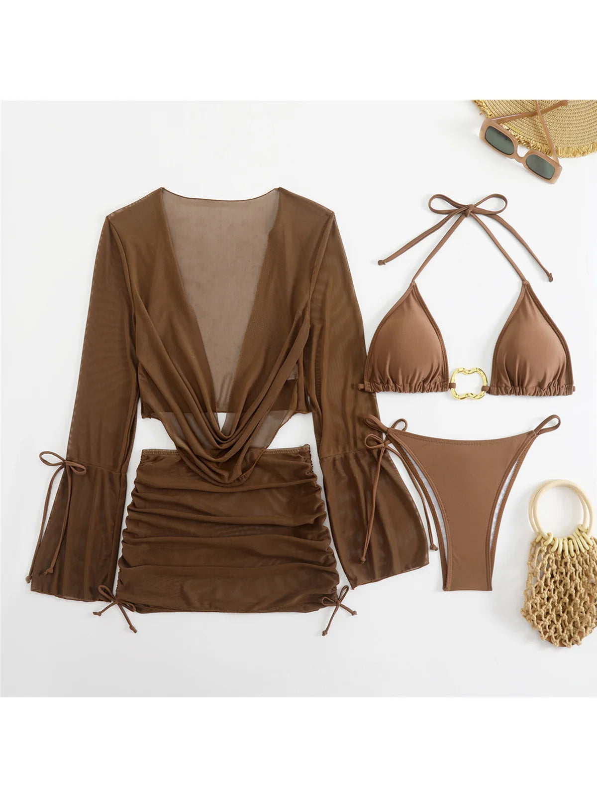 Women's Long Sleeve Cover Up Skirt Halter Bikini Swimsuit Swimwear Four-pieces Bikini Set