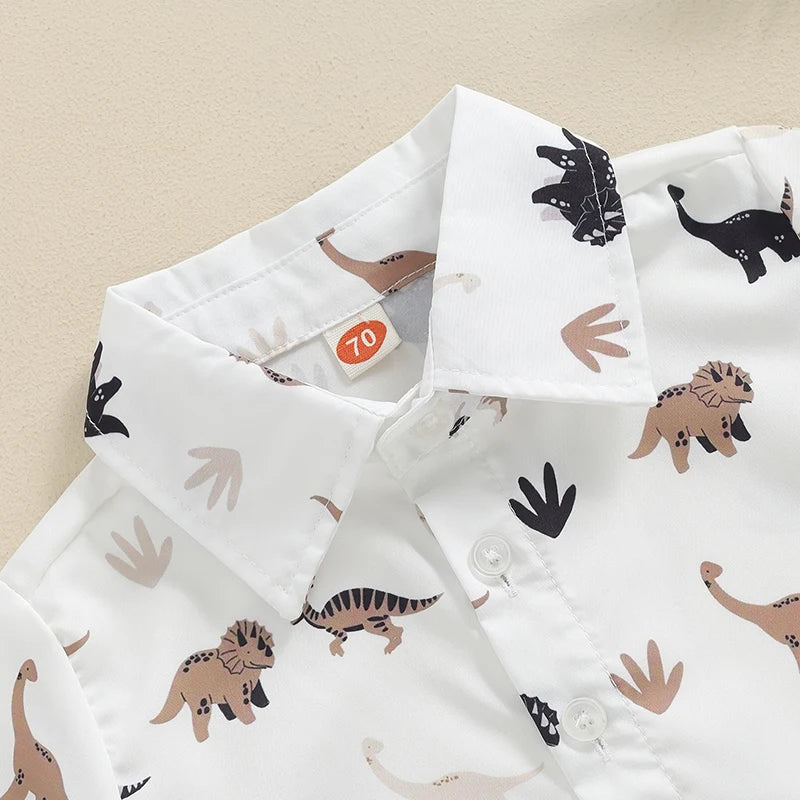 0-3Y Toddler Baby Boys Summer Clothes Sets 2pcs - Short Sleeve Dinosaur Print Button Up Top and Shorts Set