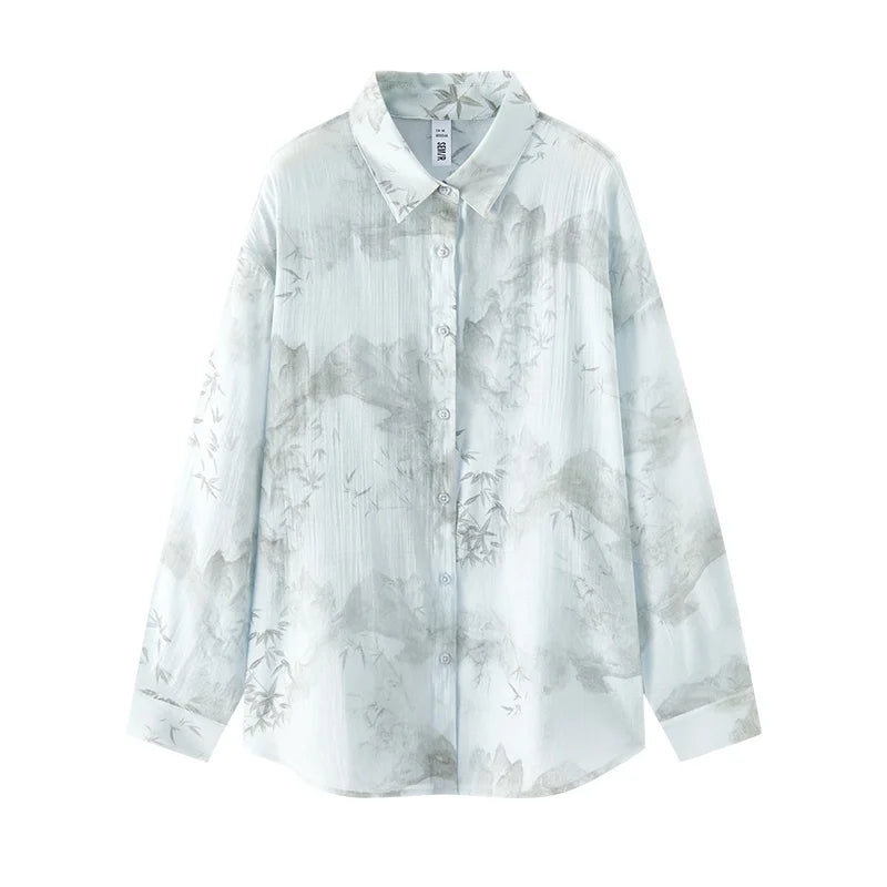 Women's Long Sleeve Oversized Shirt - Mid-Length Relaxed Fit with Artistic Ink Print