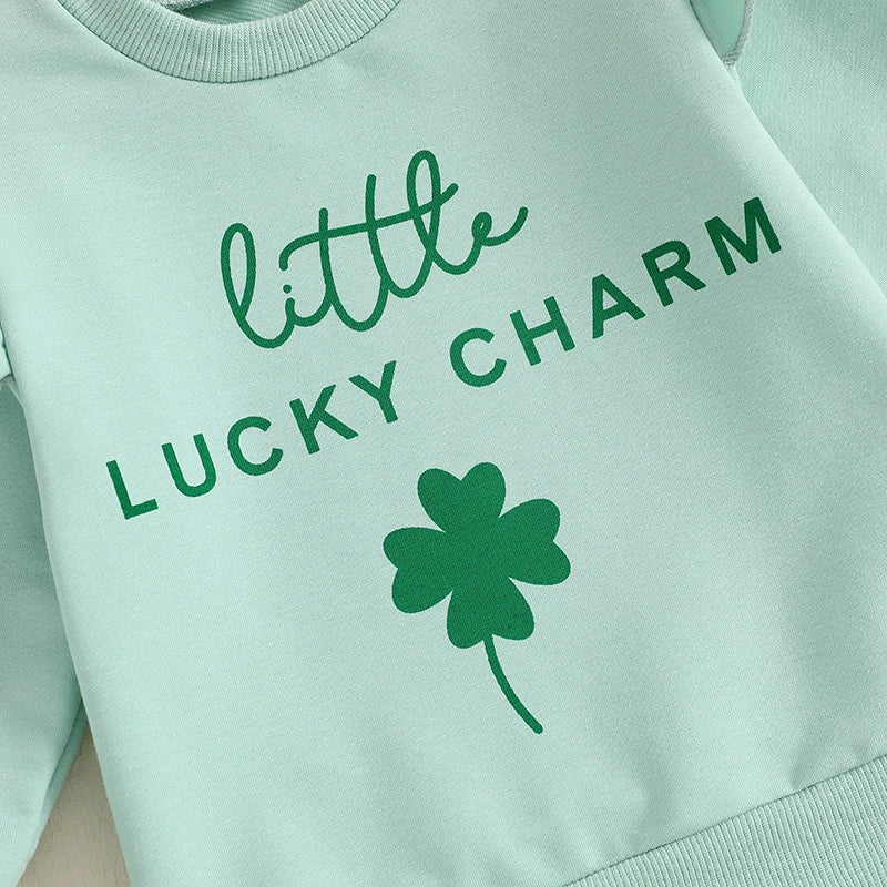 0-3Y Baby Girls Fall Clothes Set Letters Four Leaf Clover Print Long Sleeve Crew Neck Sweatshirt with Pants