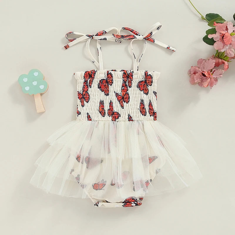 0-18M Lovely Baby Girls Romper Dress Tie-up Sleeveless Pleated Butterfly Tulle Patchwork Summer Jumpsuit