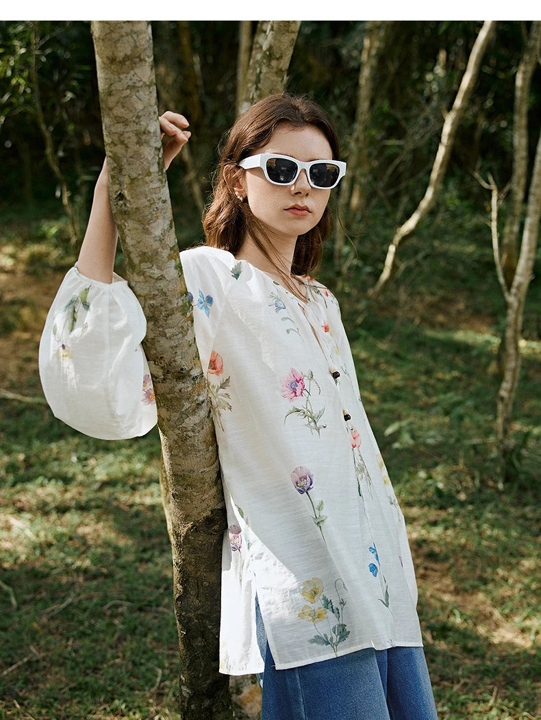 Women's Linen Blend Floral Print Blouse | Lantern Sleeves | O-Neck | Loose Fit | White | Spring Summer