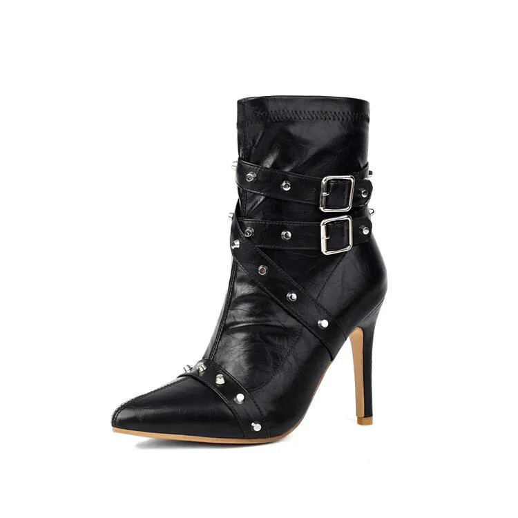 Women's Rivet Belt Buckle 10cm High Heel Short Pointed Side Zipper Leather Ankle Boots