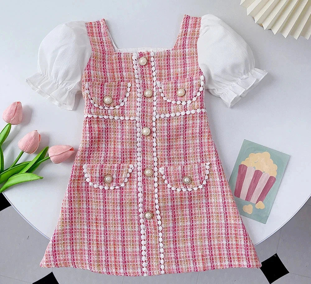 Girl's Bubble Sleeve Plaid Retro Button Lace Dress