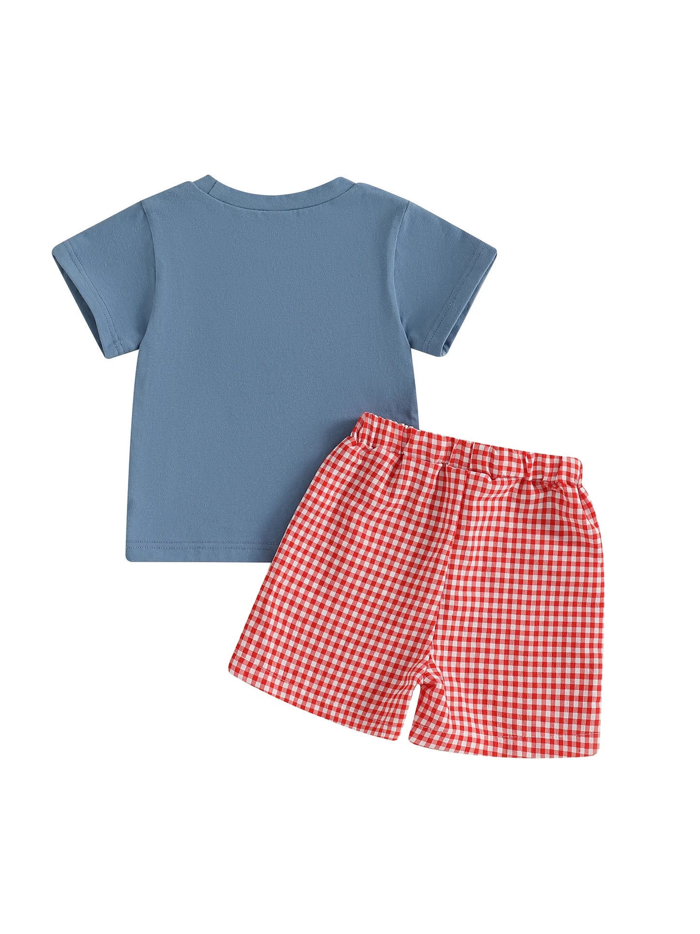 0-4Y Toddler Kids Boys Summer Clothes Sets Car Embroidery Short Sleeve Round Neck T-Shirts Plaid Elastic Waist Shorts