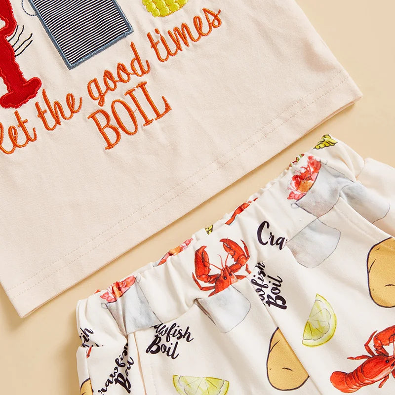 Boys Summer Outfit Set - Cartoon Letter T-shirt & Lobster Print Shorts