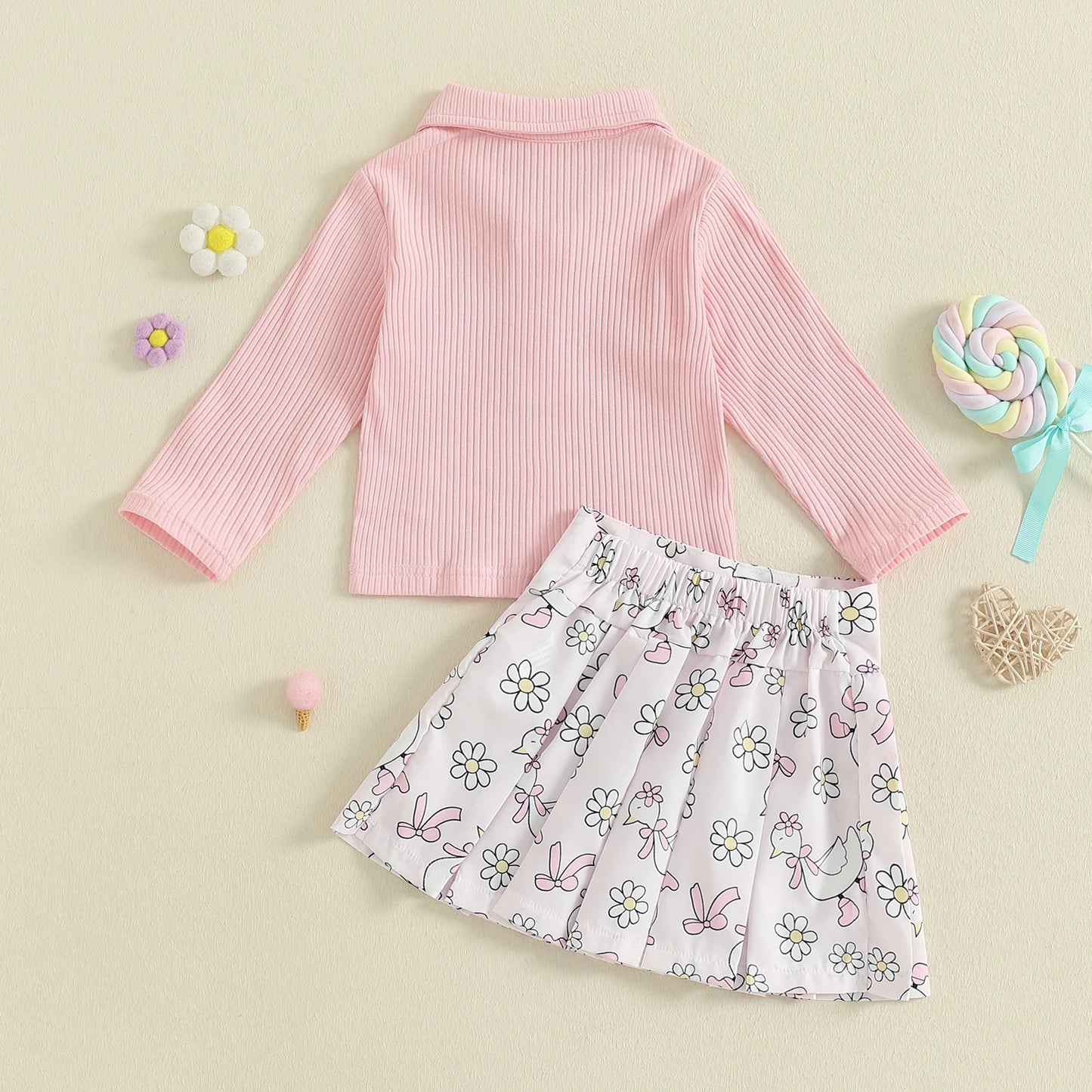 Baby Girls Animal Embroidery Outfit Set - Long Sleeve Top & Floral Print Skirt (0-4Y)