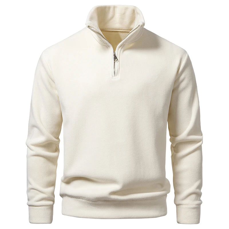 Men's Half Zipper Fleece Stand Collar Hoodie Solid Color Warm Loose Pullover