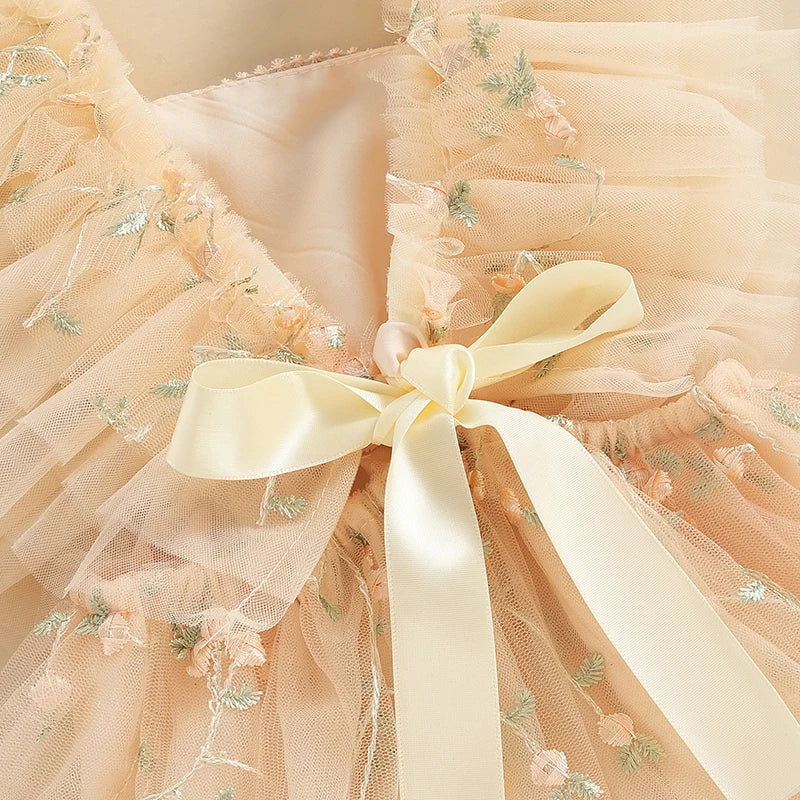 Baby Girls Summer Romper Dress with Headband - Floral Embroidery Tulle Jumpsuit