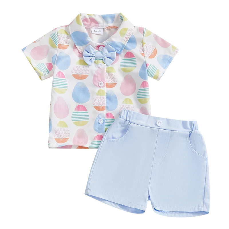 0-4Y Kids Boys Easter Gentleman Clothes Set Egg Print Short Sleeve Button-up Bow Tie Shirt with Elastic Shorts