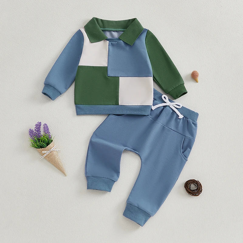 0-3Y Baby Boys 2Pcs Clothes Sets Outfit Long Sleeve Lapel Collared Colour Patchwork Sweatshirt and Pants