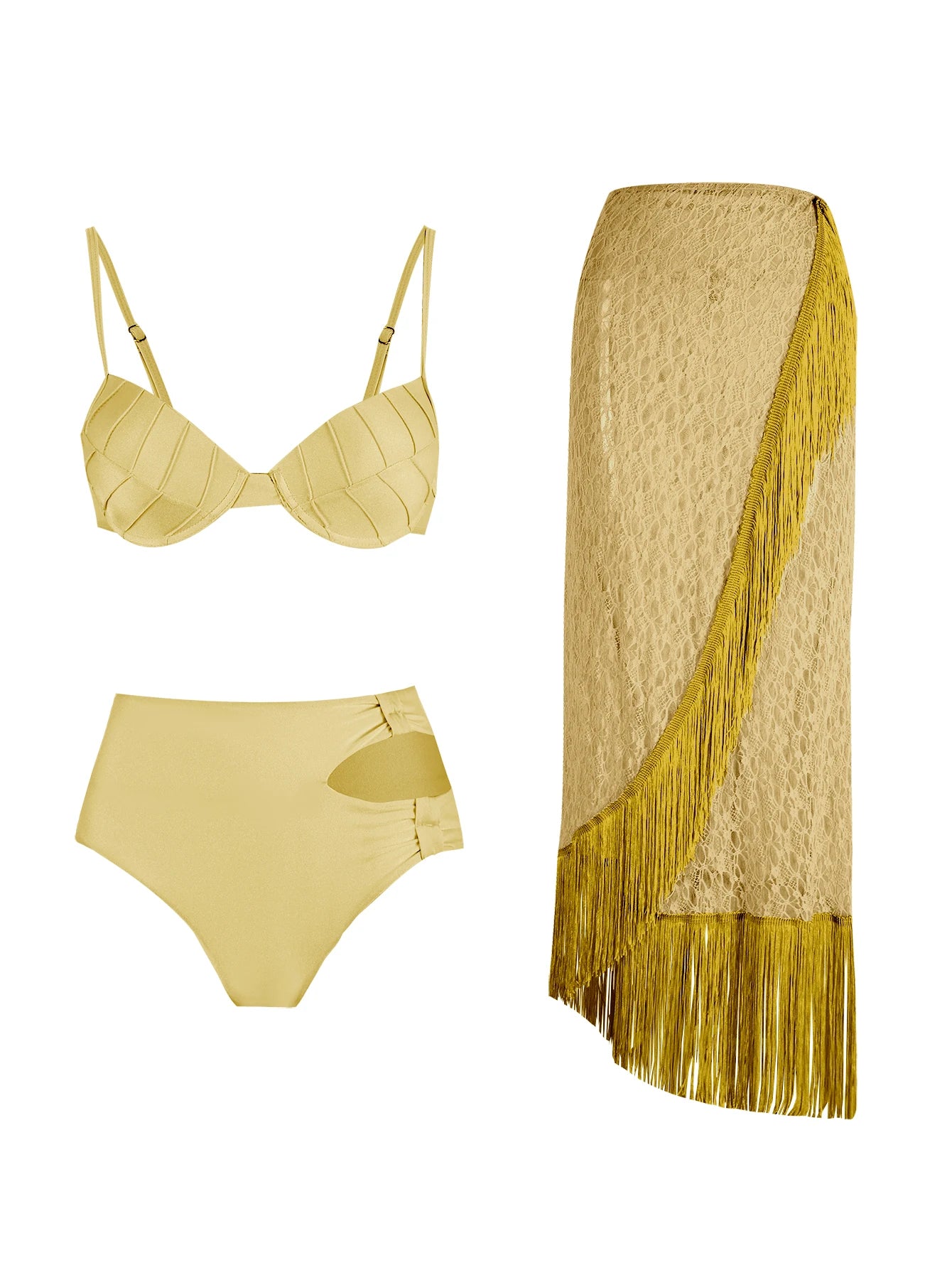 Women's 3-Piece Solid Bikini Set - Padded Bra, Tassel High Waist & Beach Skirt