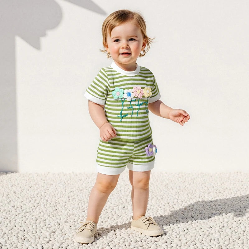 0-6Y Kids Girls Summer Clothes Sets Short Sleeve O Neck Flower Embroidery Striped T Shirts and Drawstring Shorts