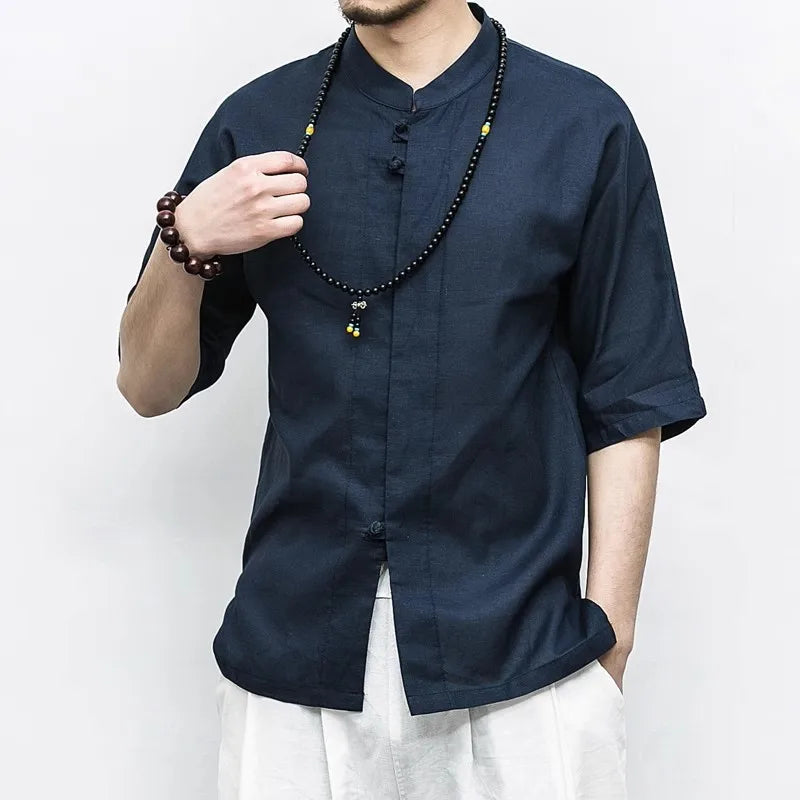 Men's Summer Loose Casual Cotton Linen Half Sleeve Chinese Style Stand Collar Shirt