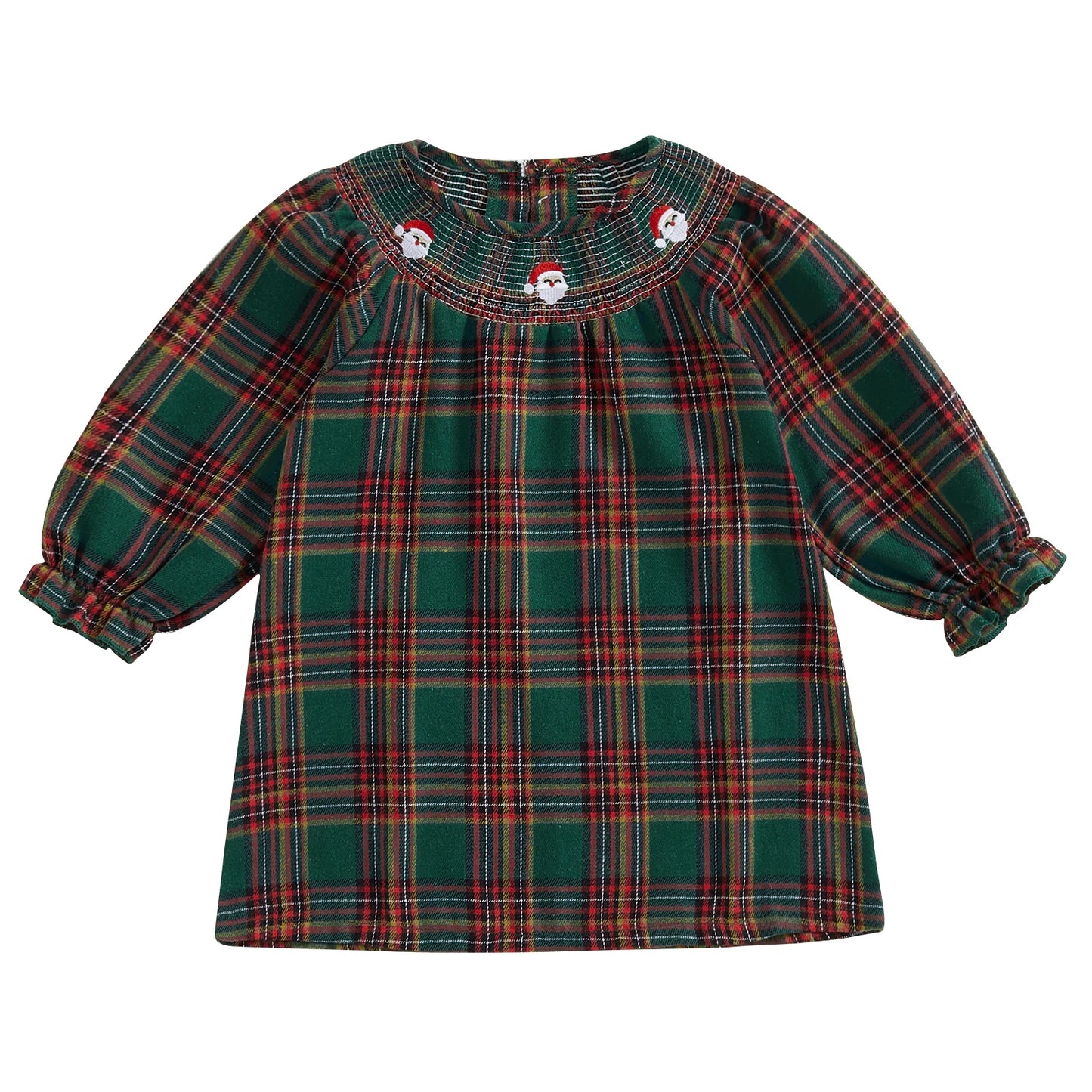 Christmas Santa Embroidery Plaid A-Line Dress - Girls Long Sleeve Festive Dress