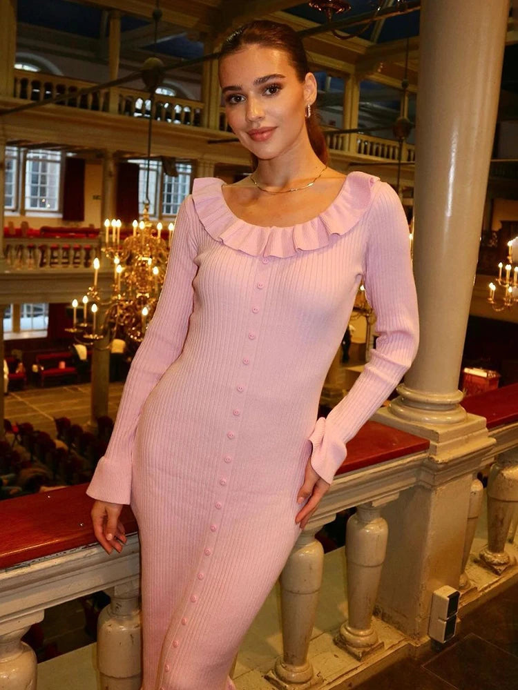 Women's Ruffled Knit Long  Lapel Slim High Waist Single Breasted Sweater Maxi Dress